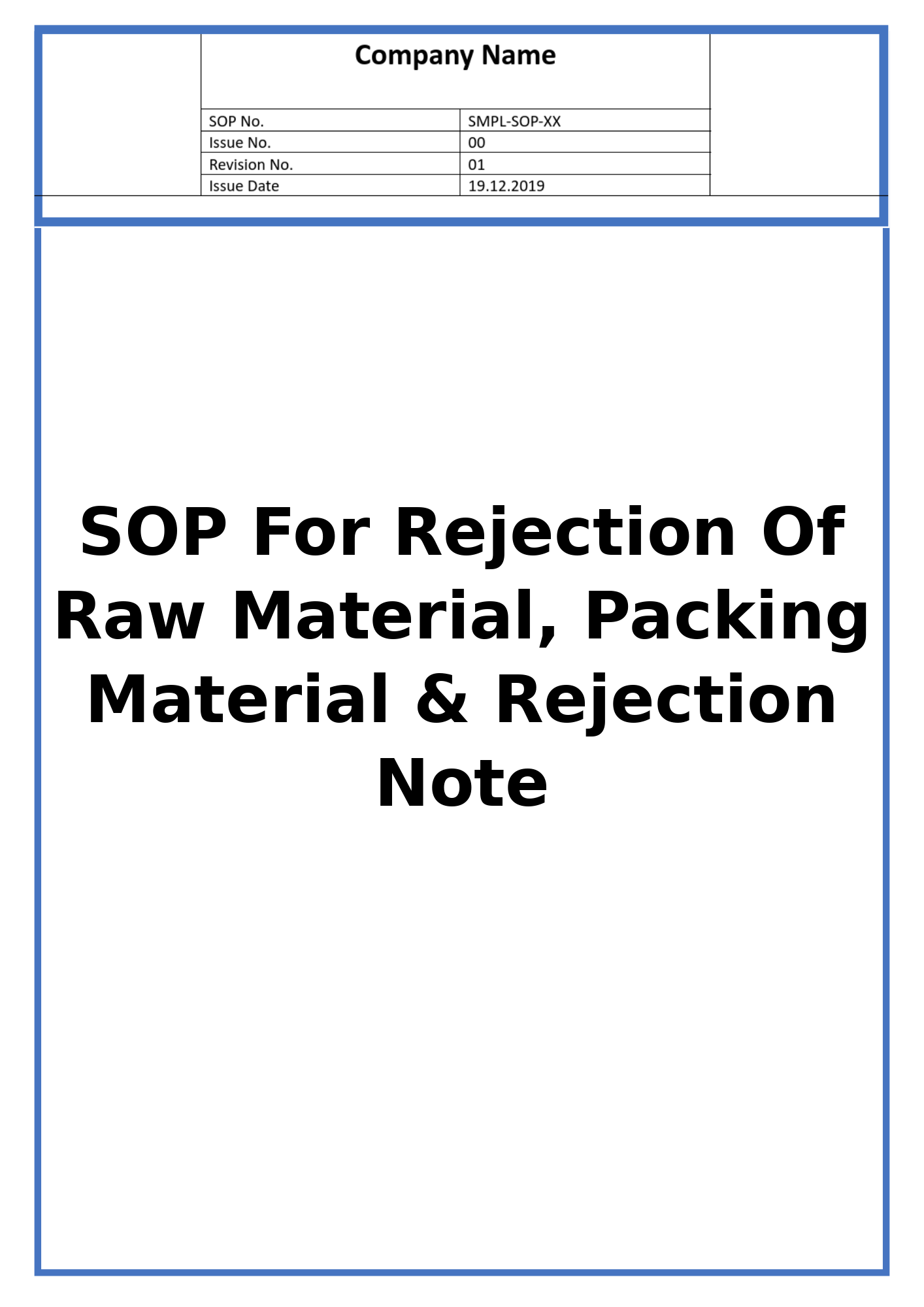 SOP For Rejection Of Raw Material, Packing Material & Rejection Note
