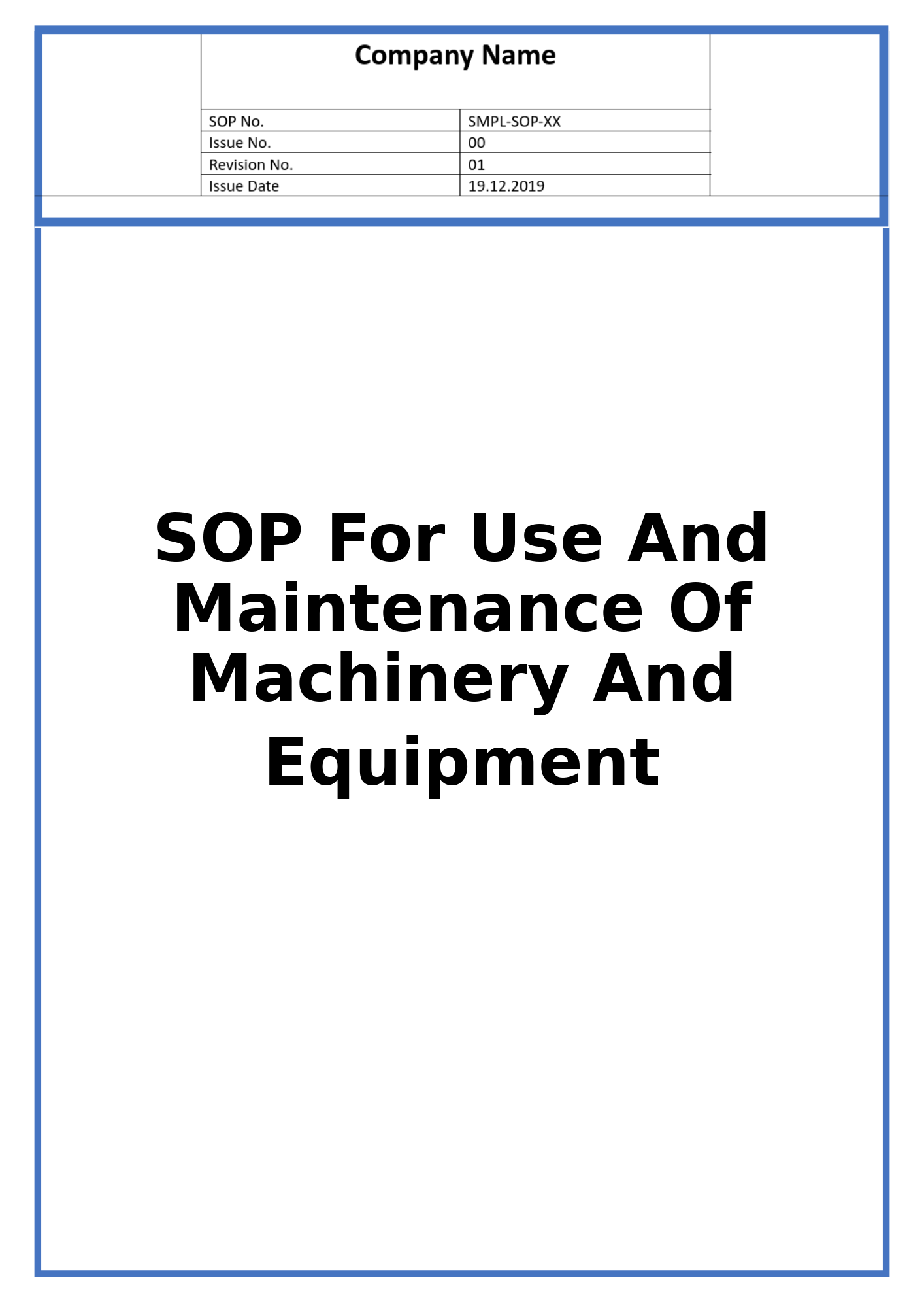 SOP For Use And Maintenance Of Machinery And Equipment